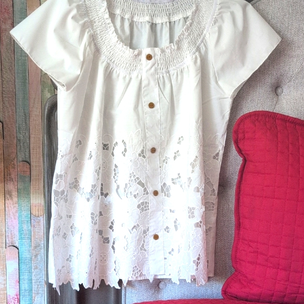 White Lace Button-Up Women's Top